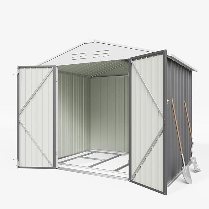 Greesum 8x6FT Outdoor Storage Shed with Base, Utility Tool Shed with Sloping Roof, Metal Storaged Garden Shed with Door & Lock for Patio Storage, Gray