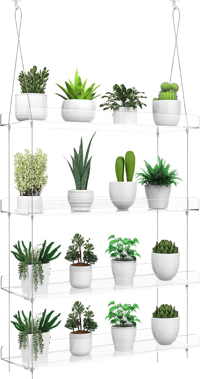4-Tier Hanging Clear Plant Shelves for Windows, Acrylic Window Wall Plant Stand Shelf for Kitchen Indoor Gardens, Flower,Herb, Seedling Organization, and Pots Display, 16 Inch per Tier
