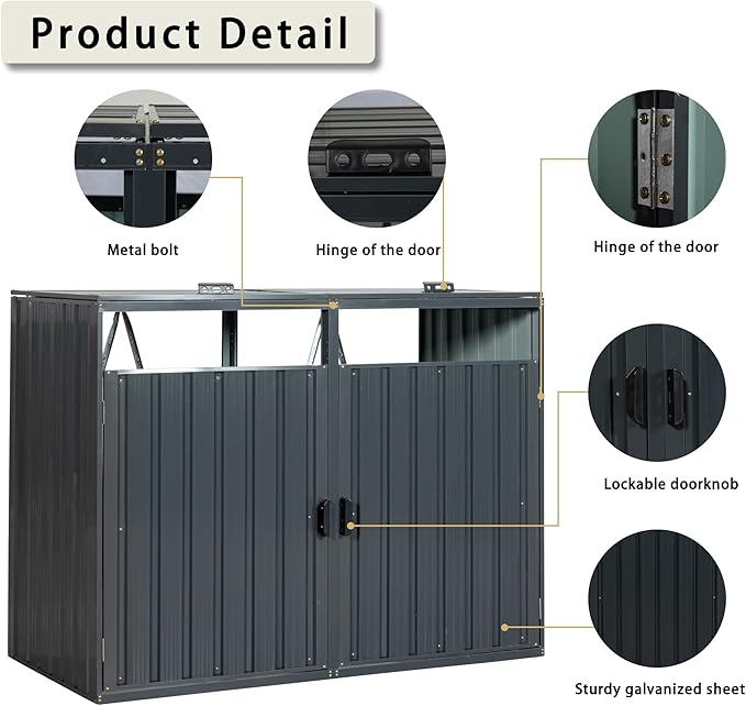 62.99" Metal Garbage Bin Shed Stores with Ventilated and Lockable,Patio Furniture 2 Trash Cans Outdoor Sheds w/Rust-Proof & Scratch- Resistant,for Garden Yard Lawn,Black