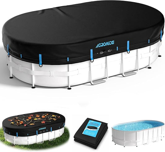 10x16 Ft Oval Pool Cover, 3-in-1 Super Windproof System, Upgraded Seamless Side Design with Fast Ratchet Tie Downs, 420D Oxford Fabric for Above Ground Pool - All Season Use, UV & Dust Proof