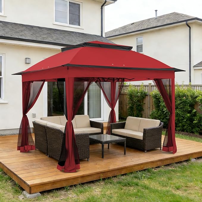 COOS BAY Pop up Gazebo 11x11, Instant Canopy Tent with Mesh Netting, Patio Gazebo with 121 Square Feet of Shade, 4 Weight Bags Included, Red