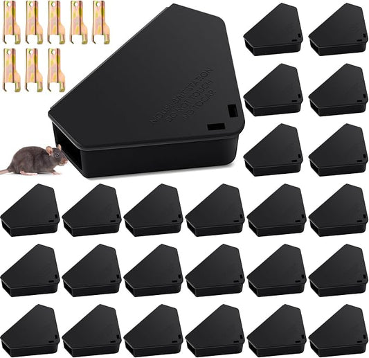 Qualirey 24 Pcs Mice Station with Key Triangle Mouse Station Lockable Reusable Bait Box, Enclosed Design for Indoor and Outdoor Use, Suitable for Small Mice (Black)