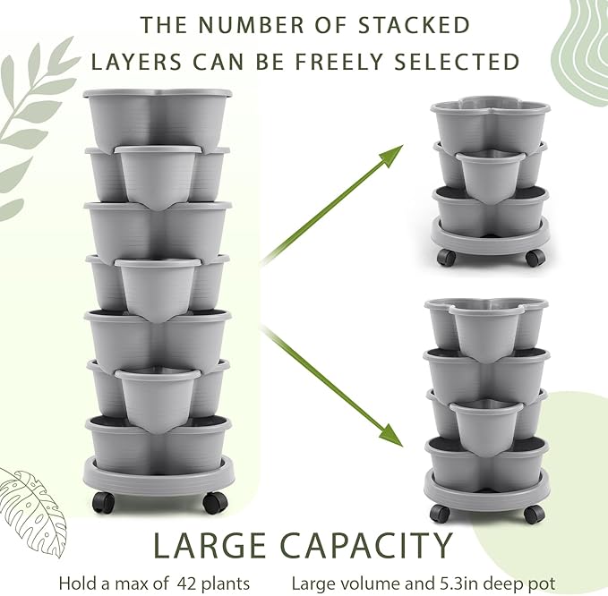 Umigy 1 Set Light Gray 7 Tier Stackable Vertical Planters with Removable Wheels and Tools Tower Planters Strawberry Herb Flower Vegetable Pots Indoor Outdoor Gardening Pots