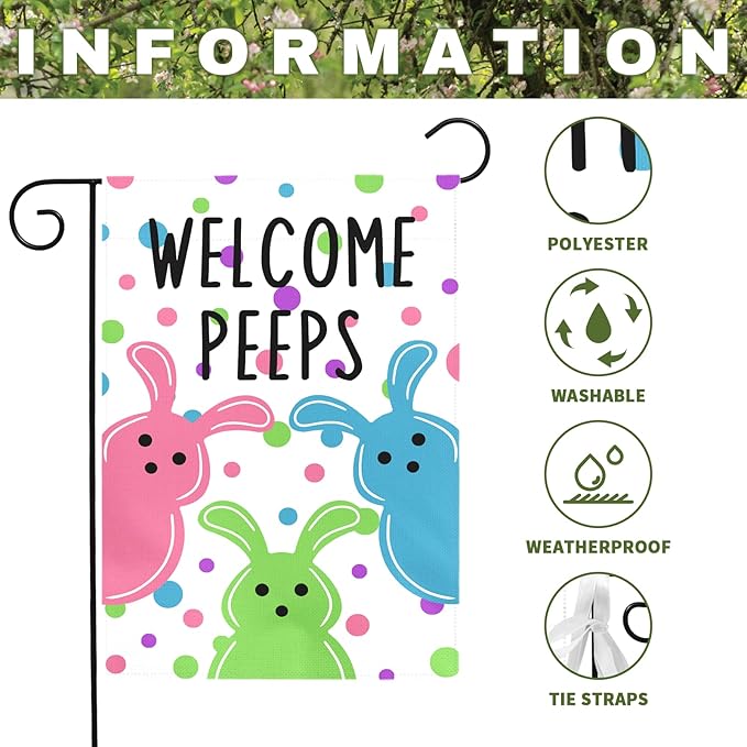 Welcome Peeps Garden Flag Easter Bunny Design Double Sided Outdoor Yard Flags Colorful Spring Porch Patio Lawn Farmhouse House Banners for Easter Egg Hunt Party Seasonal Home Décor 12x18 Inch