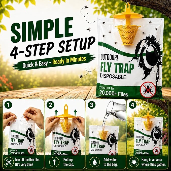 Fly Traps Outdoor 9 Pack, High-Capacity Disposable Water-Activated Hanging Bags - Outdoor Protection Pouches for Horse Stables, Barns, Ranches and Yards
