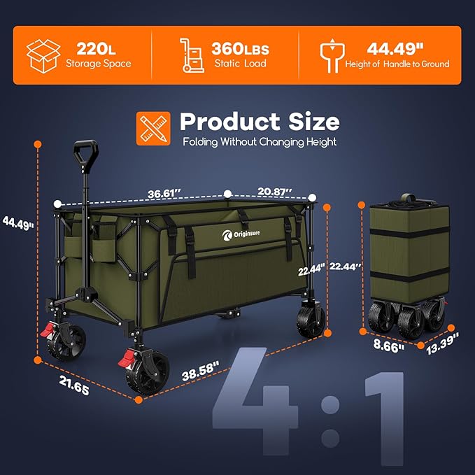 Originsure 220L Collapsible Wagon Cart Foldable, 38" L Extra Large Heavy Duty Folding Beach Wagons with All-Terrain Wheels, Utility Carts for Camping, Sports, Shopping, Groceries - Green