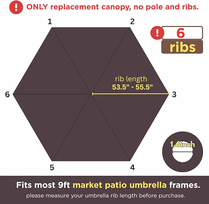 Sfmora 9ft Patio Umbrella Replacement Canopy for 6 Ribs, Outdoor Umbrella Canopy ONLY, Market Umbrella Top, Water-Resistant & UV-Protective