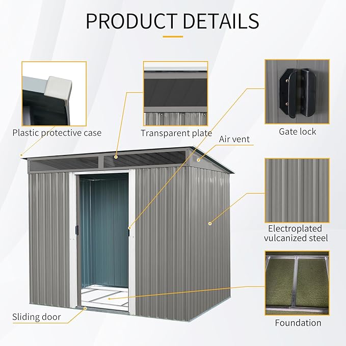 8x6 FT Outdoor Metal Storage Shed, Galvanized Steel Garden Shed, Foundation Frame, Ventilated Tool Storage House, Sloped Roof, Weather Resistant Backyard Shed for Lawn Equipment, Gray