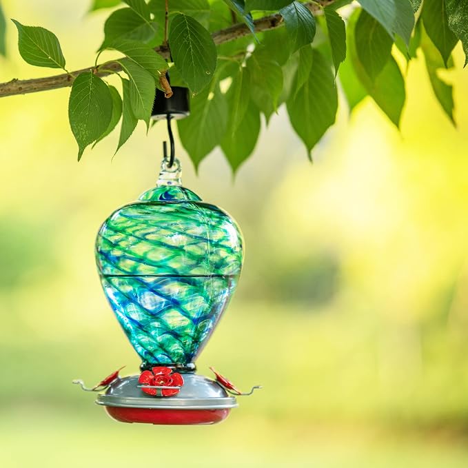 Hummingbird Feeders, 34OZ Hand Blown Glass Hummingbird Feeder for Outdoors Hanging with Ant MoatHooks, Perfect for Gardening Yard Patio Decor Gifts (Blue Mermaid) | LaElvish Garden Hummingbird Feeders, 34OZ Hand Blown Glass Hummingbird Feeder for Outdo...