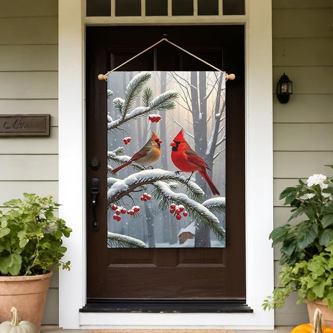 Winter Cardinal Bird House Flag 28x40 Inch Red Brown Birds Christmas Holiday Seasonal Theme Decorative Garden Flags for Outside Double Sided Outdoor Home Farmhouse Decoration Porch Yard New Year Decor