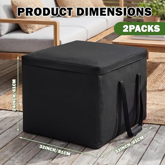 Sadnyy 2 Pack Cushion Storage Bags 32 x 32 x 24 Inch Waterproof Outdoor Furniture Square Cushion Organizer with Handle & Double Zipper, Large Black Bag for Patio Sofa, Chair, Bench, Christmas Tree