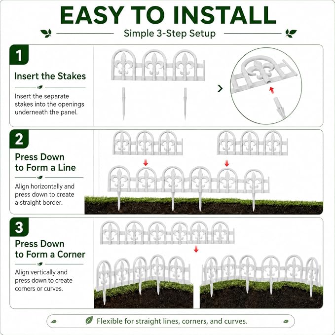 Evelyne Gray Garden Border Plastic Edging – PP Plastic, Short Metal-Free Wrought Iron Look Design, 15pcs Yard Landscaping Fence Liner Lawn Edge Barrier, 20ft Kit of Decorative Lawn Landscape Panels