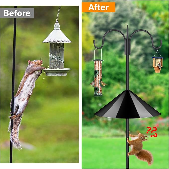 FEED GARDEN Bird Feeder Pole Squirrel Proof 92" Heavy Duty Shepherds Hook for Outdoor, Double Hooks with 19" Squirrel Baffle, 5-Prong Base Adjustable Bird Feeder Stand for Plants & Lanterns