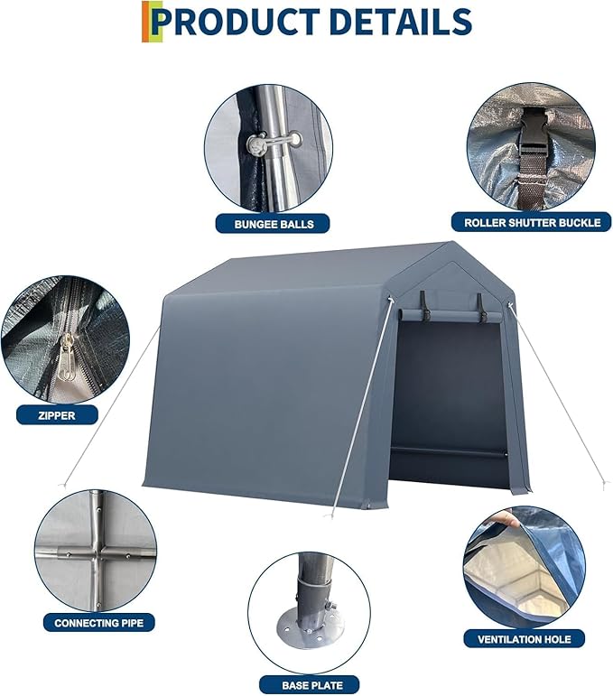 6x8 FT Outdoor Storage Shelter Shed Carport with Roll Up Door Windows Waterproof Portable Garage Heavy Duty Tent for Motorcycle Bike Firewood Tools Ventilated