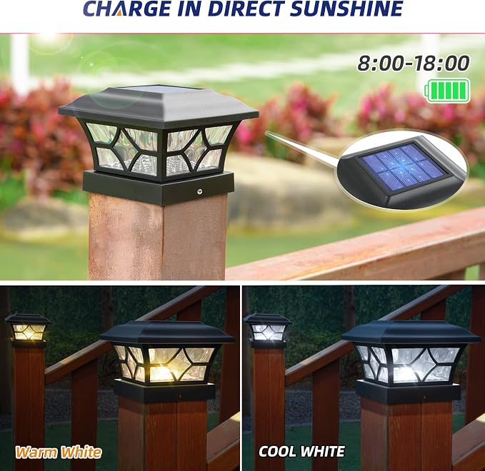 APONUO 4x4 Solar Post Cap Lights 4 Pack - 6x6 Post Cap Solar Light, 2-Mode, IP64 Waterproof, Post Lights Solar Powered for 4x4 5x5 6x6 Wood/Vinyl Posts, Black