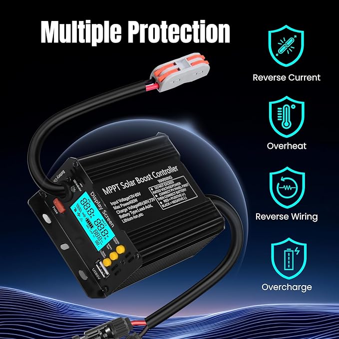 1000W SmartSolar MPPT Boost 24V/36V/48V/60V/72V MPPT Solar Charge Controller LCD Display Solar Panel Regulator for Sealed Flooded AGM Gel LFP User Batteries, Ideal for Golf Carts Electric Vehicles RVs