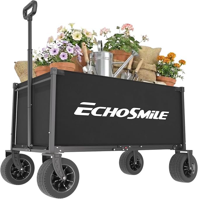 EchoSmile Collapsible Wagon Cart for Camping & Beach - Heavy Duty 400lbs Capacity All-Terrain Cart with Wide Wheels, Portable Folding Utility Wagon for Grocery, Garden, Sports,Black