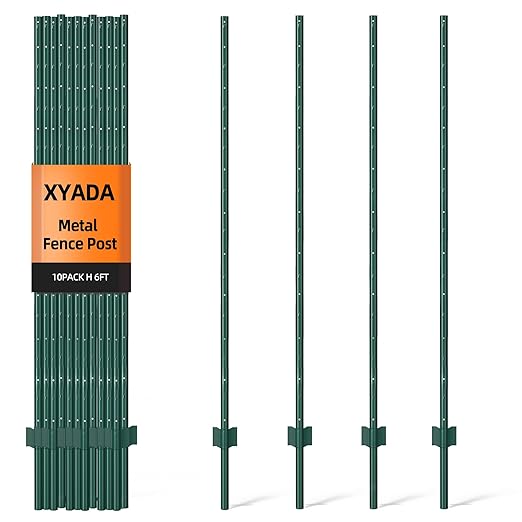 Metal Fence Post 6ft, Heavy Duty Garden Post Pack of 10 Green