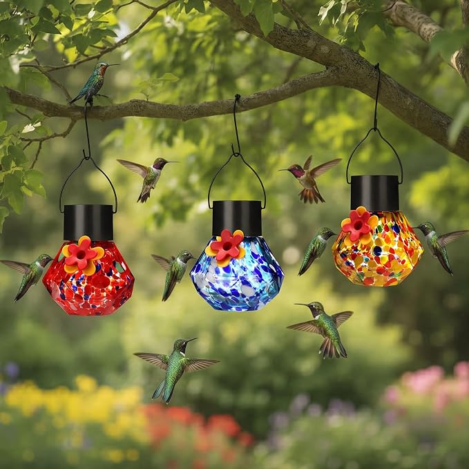 Nuogo 3 Pcs 3.54 Inch Blown Glass Hummingbird Feeders Solar Powered Hummingbird Feeder with LED Light for Garden Outdoors Window Decor Valentine Hanging Gifts Ant and Bee Resistant (Color D,Novel)