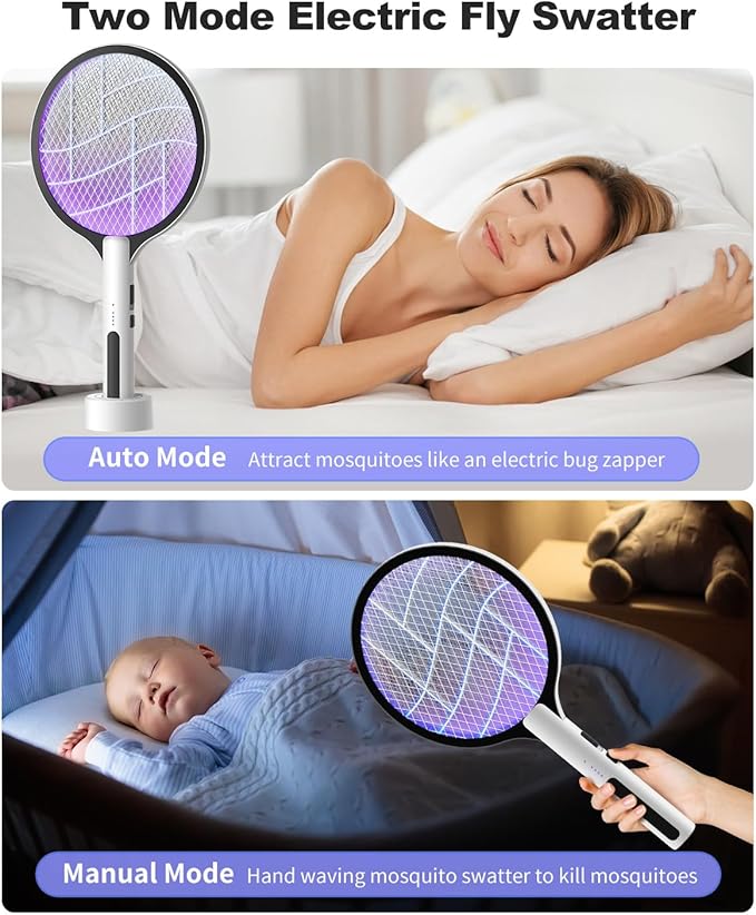 Electric Fly Swatter 4500V Bug Zapper Racket, 2 in 1 Handheld Fly Zapper & Purple Mosquito Killer Rechargeable and 3-Layer Safety for Indoor Home Office Backyard Patio Camping