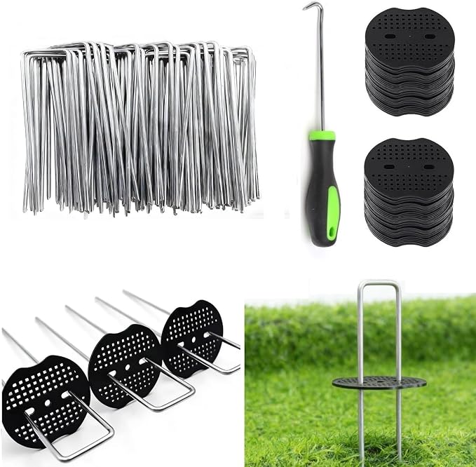 4 Inch 100 PCS Galvanized Landscape Staples with 100 PCS Gaskets, Landscape Fabric Pins Stakes Lawn Ground Cover Graden Staples Spikes Weed Barrier Stakes