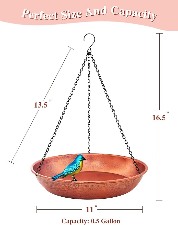 Hanging Bird Bath for Outdoor, 11 Inch Dia Antique Copper Metal Bird Feeder Birdbath Bowl Mounted Black Chain Metal Yard Art Garden Decor 0.5 Gallon