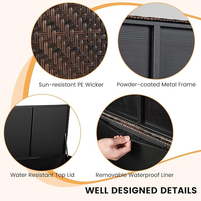 Giantex 96-Gallon Outdoor Storage Box - PE Wicker Deck Box with Lid, 4 Wheels, Waterproof Liner, outside Rattan Storage Container for Patio Cushions, Garden Tools Accessories Storage Box (Mix Brown)