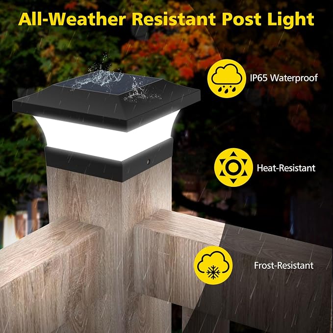 T-SUN Solar Post Lights, Waterproof Outdoor Solar Post Cap Lights for 4 X 4 Wooden Posts, 6000K White LED Lighting, Deck, Patio Garden Decor or Fence(1 Pack)