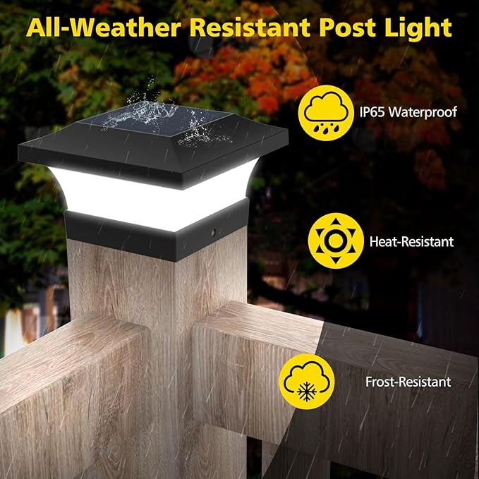 T-SUN Solar Post Lights, Outdoor Waterproof Solar Post Cap Lights for 4X4, 5X5, 6X6 Wooden Posts，6000K White LED Lighting, Deck, Patio Garden Decor or Fence(6 Pack)