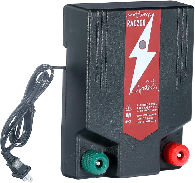 RentACoop Electric Fence Energizer (RAC200-2.0 Joules) - Plug-in Energizer for Electric Fencing Systems for Poultry Netting, Chickens, Gardens, Goats, and Other Animals