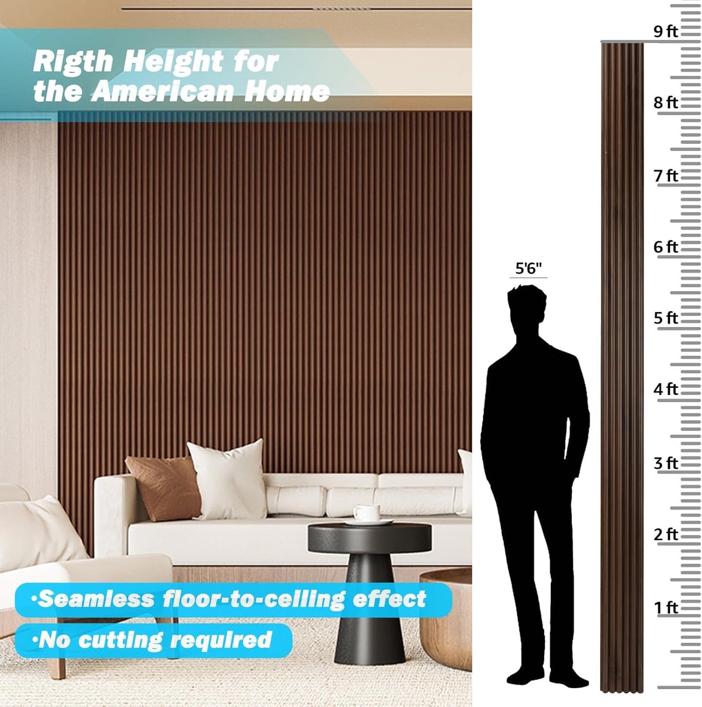 Art3d Fluted Wood Panel for Wall and Ceiling, Beaded Accent molding for Home Decoration, Pack of 4pcs + 1pc End-Trim, Size 108 x 5.7in.- Beaded Walnut