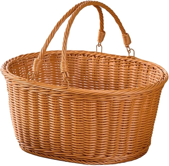 Picnic Basket, Garden Harvest Basket, Wicker Shopping Baskets with Foldable Handles, Reusable Handwoven Market Baskets for Carrying Shopping Storage Gathering (Brown, Oval)