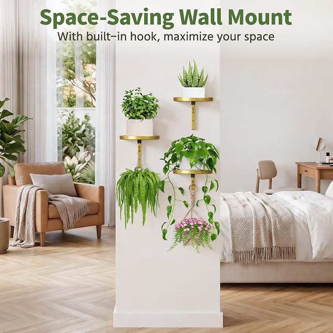 LASZOLA 3Pcs Wall Mount Plant Shelves with Hangers for Indoor Planters, Heavy Duty Metal Window Floating Flower Holders Stand for Kitchen Bathroom, Standard Gold
