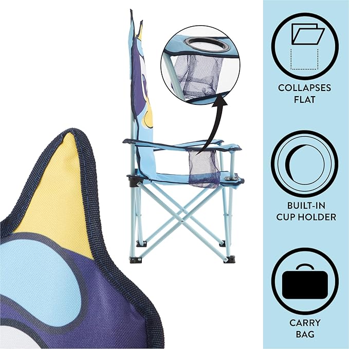 Bluey Kids Folding Camp Chair, Portable Outdoor/Indoor Chair with Carry Bag, Cup Holder, High Back, Lightweight & Durable for Ages 3+