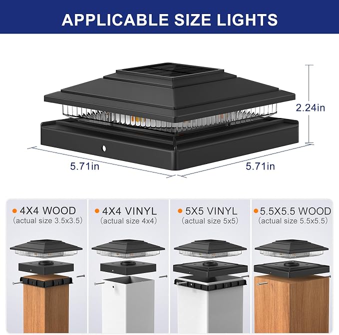APONUO Solar Post Cap Lights 6-Pack, Black IP64 Waterproof 16 LED Fence Post Solar Lights for 4x4 5x5 6x6 Wood/Vinyl Posts, 2-Mode Deck Post Lights Solar Powered, 10-Hr Lighting for Patio Yard Porch