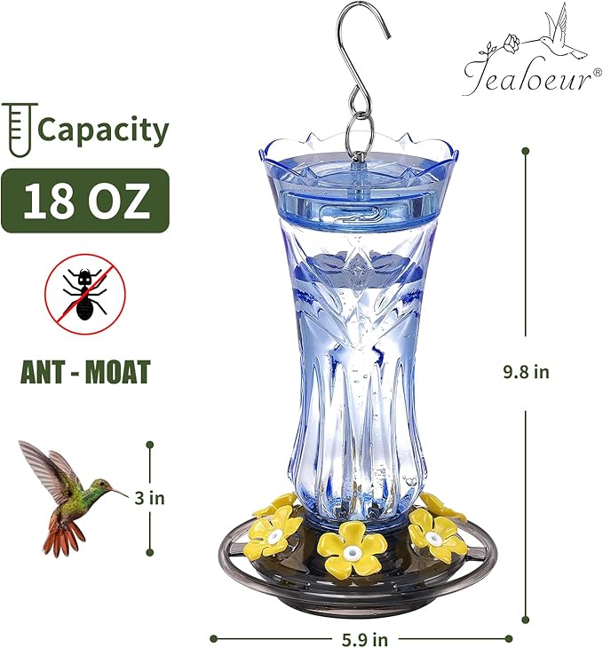 Jealoeur Hummingbird Feeder for Outdoors Hanging, 18 OZ Humming Birds Feeders with 6 Bee Guard Feeding Ports & Built-in Ant Moat, Easy to Clean, Durable Outdoor Garden Decor, Blue