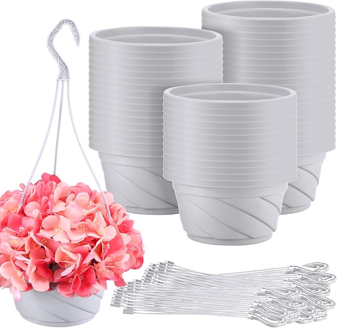 Tioncy 50 Pcs Plastic Hanging Planter Round Hanging Pot for Plants Containers with Hook Flower Plant Pots Holders for Outdoor Indoor Plant Balcony Garden Decor(Gray White,6.7inch)