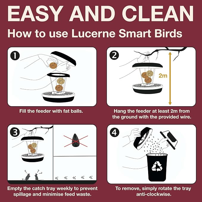 SWISSINNO Bird Feeders - No Mess Fat Ball/Suet Feeder for Outdoors Hanging - Smart Birds Lucerne Spill Proof Wild Cardinal Bird Feeder with Integrated Seed Catcher Tray - Burgundy
