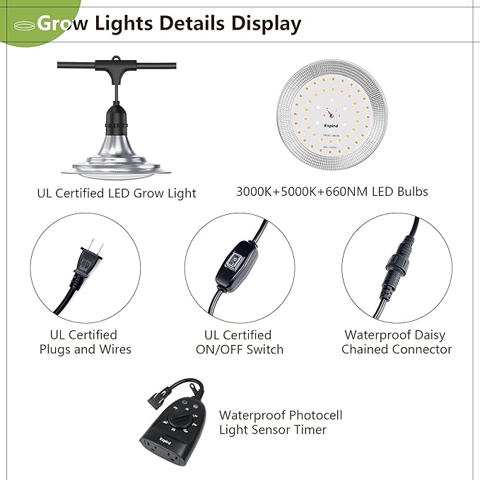 Espird Outdoor LED Grow Light with Timer, 6-Bulbs Full Spectrum Grow Light Strip, Waterproof Plant Lamps, UL Certified String Grow Lights for Greenhouse Garden, 21.3FT Light for Veg Seedling Flower