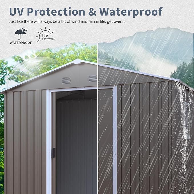 8x4 FT Outdoor Metal Storage Shed with Window, Galvanized Steel Garden Shed, Lockable Sliding Door, Sloped Roof, Ventilated Tool Storage House with Foundation Kit for Backyard Lawn, Gray