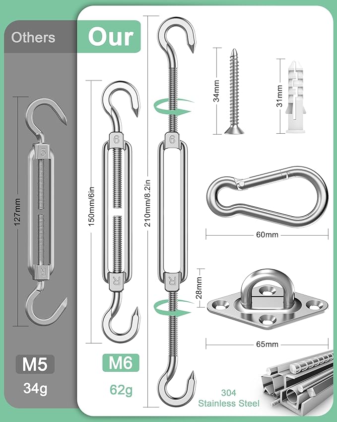 Sun Shade Sail Hardware Kit 6 Inch – 80 Pcs Heavy Duty Stainless Steel Sun Sail Hardware with Turnbuckles, Pad Eyes, Hooks, for Triangle & Rectangle Shade Sail Canopy, Outdoor Patio, Garden, Backyard