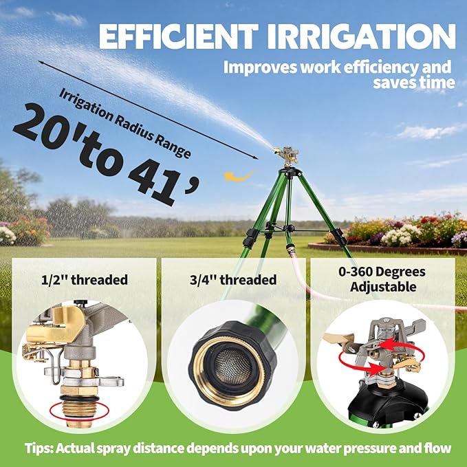 Impact Lawn Sprinkler with Tripod Stand, Adjustable 0-360° Rotating Sprinklers for Yard & Garden, Wide Coverage Garden Hose Sprinkler Fits 3/4" Hose for Grass Watering (2packs)