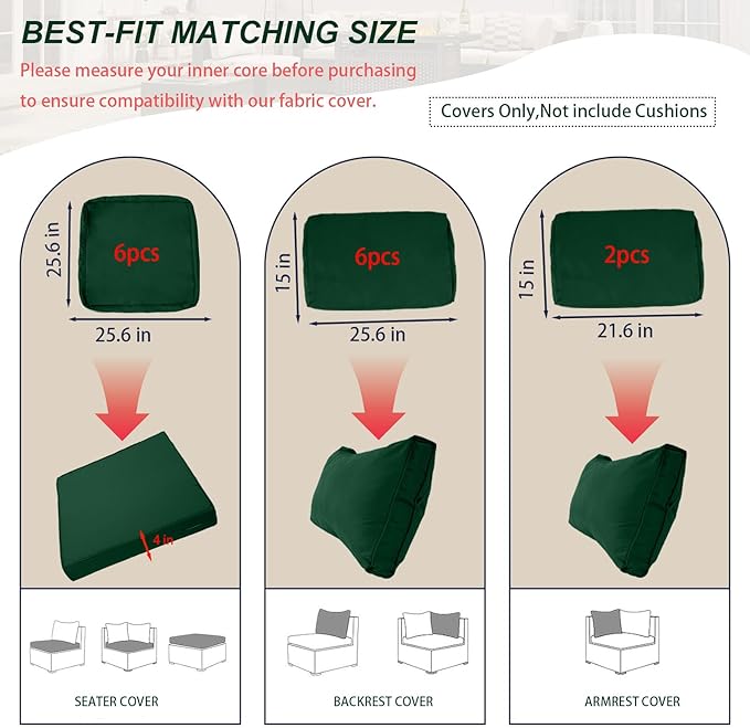 Outdoor Cushion Covers for Patio Furniture, Patio Cushion Covers Replacement with Zipper, Waterproof & Fade Resistant,Only Cover (Deep Green, 25.6Lx25.6Wx4H - Only Covers)