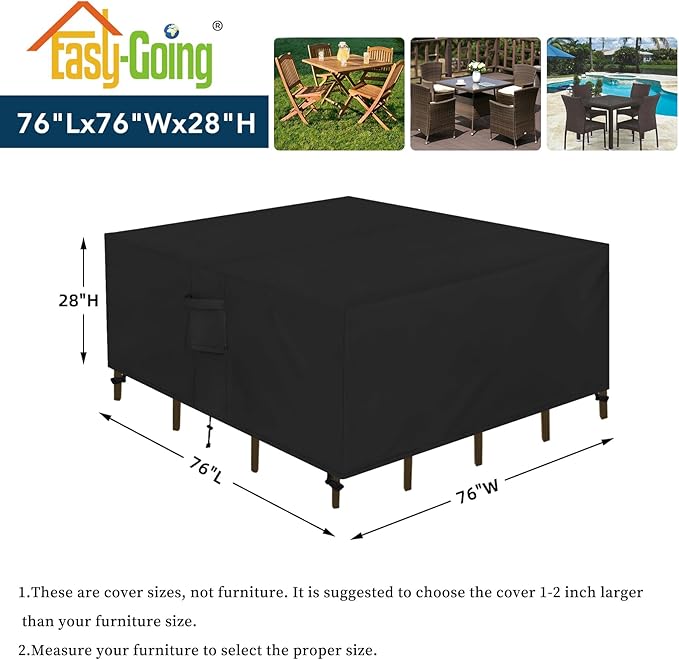 Easy-Going Square Patio Furniture Cover Waterproof Outdoor Dining Table and Chair Cover Anti-UV Outside Sectional Sofa Set Covers (76"L x 76"W x 28"H, Black)