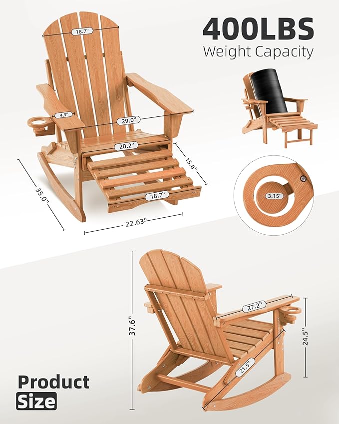 Folding Adirondack Rocking Chair,4-in-1 Multifunctional Patio Chair with Retractable Ottoman, Outdoor Chair Wood Texture, Lawn Chair for Porch, Backyard, Pool(Teak)