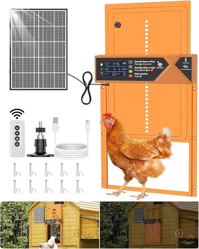 Large Automatic Chicken Coop Door, 4000mAh High Capacity Chicken Coop Door 7W Solar Powered with Timer & Light Sensor, Anti-Pinch Auto-Aluminum Chicken Door with Wire Clip & Remote Control-Orange
