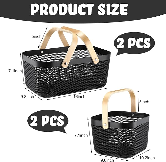 Sadnyy 4 Pcs Plastic Mesh Garden Harvest Basket Storage Basket with Wooden Handle Multi Functional Mesh Bin for Kitchen Cabinet Picnic Fruit Vegetable Gathering Organizer(Large, Small,Black)