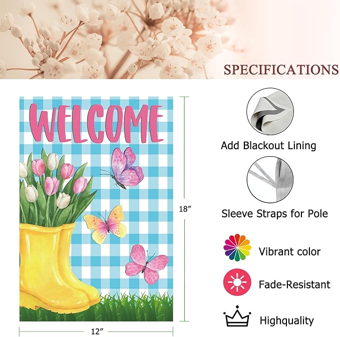 Spring Garden Flag 12"x18" Welcome Yellow Rain Boots with Pink Tulips Butterflies Blue Gingham Background Double Sided Outdoor Yard Porch Decor