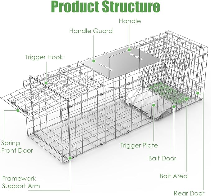 TeqHome Live Animal Trap Cage with Cover, 31"x12"x12" Large Foldable Galvanized Steel Humane Cat Trap, Heavy Duty Metal Raccoon Traps for Stray Cats Opossums Groundhogs Skunks Squirrels Chipmunks Mole