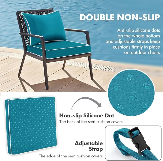 MIULEE Teal Outdoor Seat Cushion 24x24 Inch Waterproof & 3 Year Fade Resistant Deep Seat and Back Cushion for Patio Furniture Chair Sofa Couch with Handle and Adjustable Straps